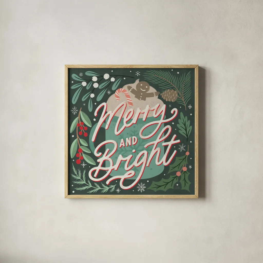 Cozy Christmas V by Laura Marshall. Shown in a natural wood glass frame for a timeless modern aesthetic. Available as an archival giclee rolled canvas, fine art paper, or poster print. SKU 88770a.