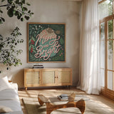 Cozy Christmas V by Laura Marshall. Shown in a natural wood frame in a cozy modern living room. Available as an archival giclee rolled canvas, fine art paper, or poster print. SKU 88770a.