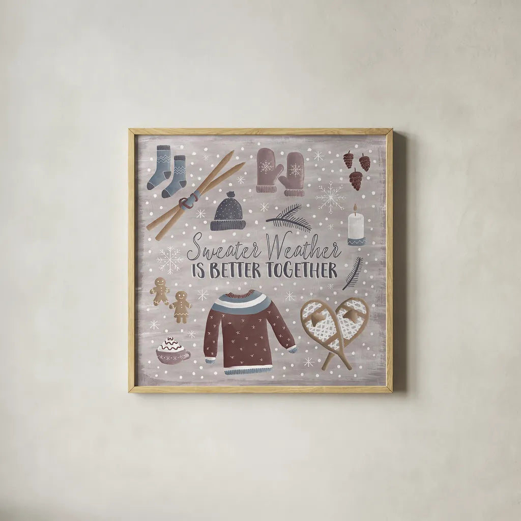 Cozy Winter I by Laura Marshall. Shown in a natural wood glass frame for a timeless modern aesthetic. Available as an archival giclee rolled canvas, fine art paper, or poster print. SKU 30698a.