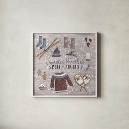 Cozy Winter I by Laura Marshall. Shown in a crisp white glass frame for a clean and minimalist style. Available as an archival giclee rolled canvas, fine art paper, or poster print. SKU 30698a.