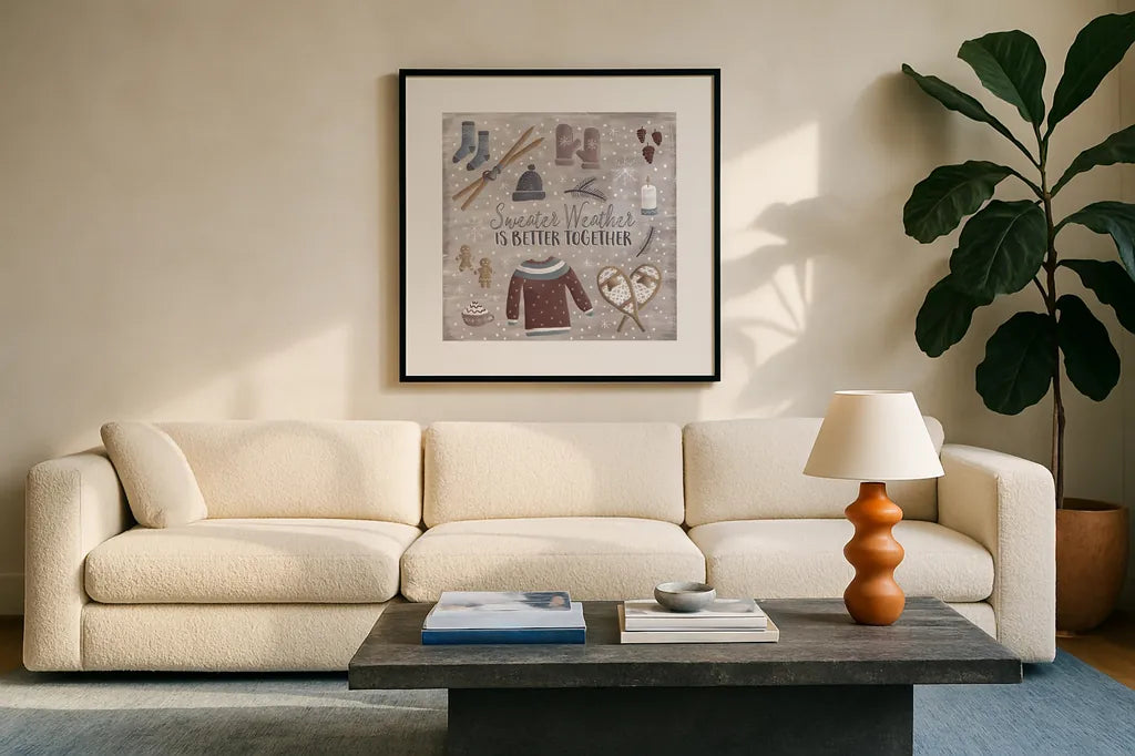 Cozy Winter I by Laura Marshall. Displayed in a glass frame with matte in a clean modern living room. Available as an archival giclee rolled canvas, fine art paper, or poster print. SKU 30698a.