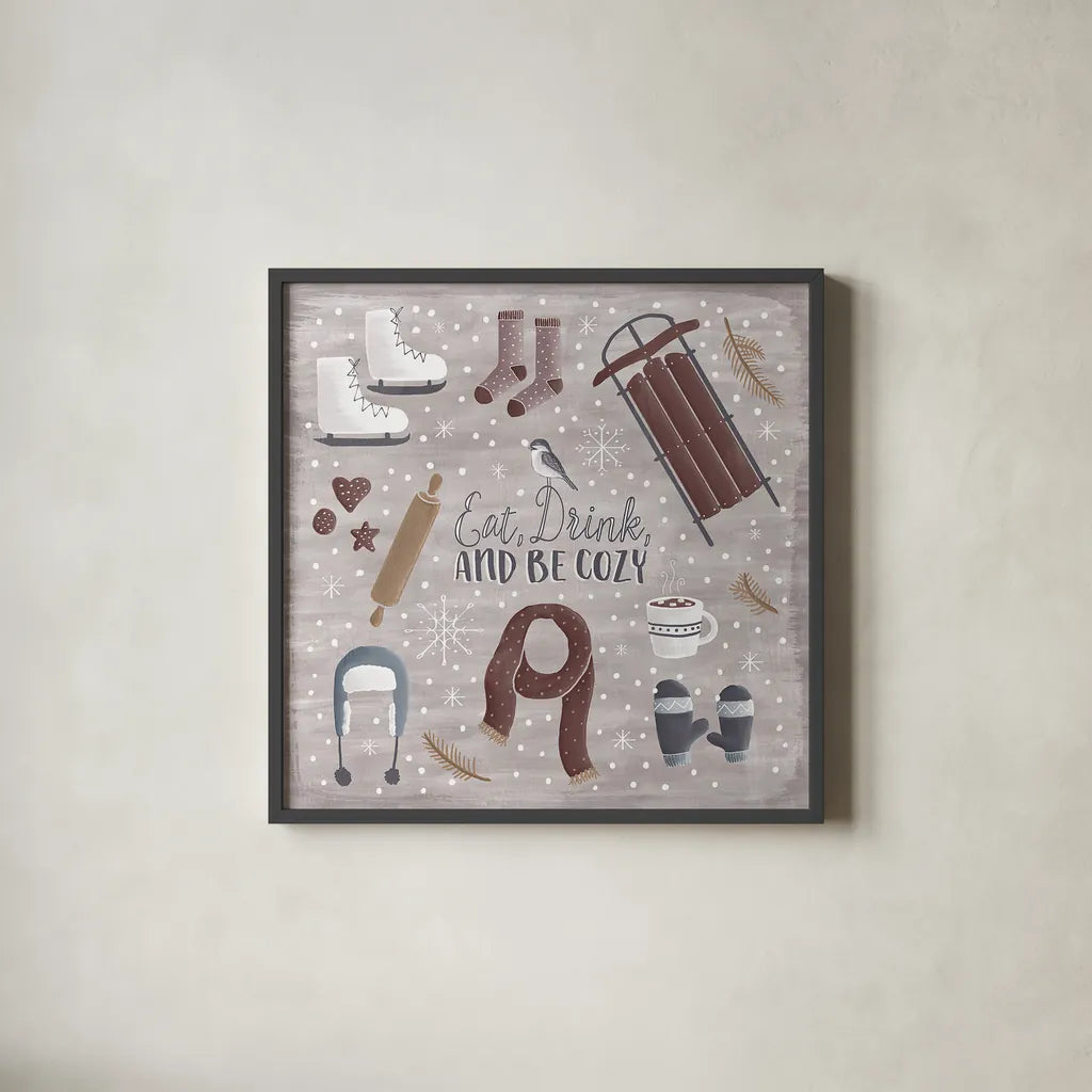 Cozy Winter II by Laura Marshall. Shown in a sleek black glass frame for a contemporary gallery look. Available as an archival giclee rolled canvas, fine art paper, or poster print. SKU 30699a.