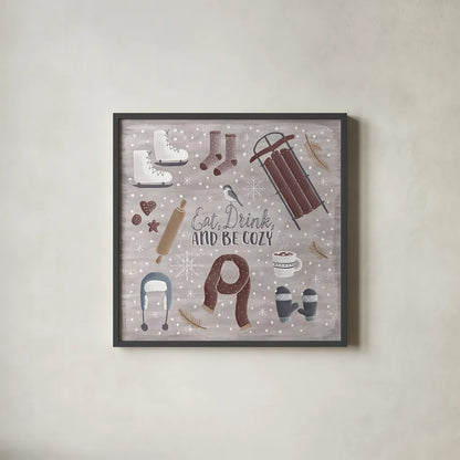 Cozy Winter II by Laura Marshall. Shown in a sleek black glass frame for a contemporary gallery look. Available as an archival giclee rolled canvas, fine art paper, or poster print. SKU 30699a.