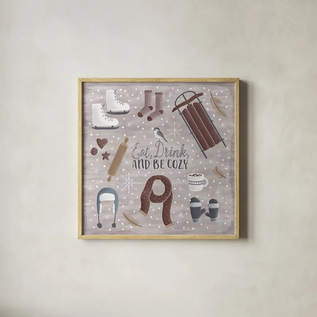 Cozy Winter II by Laura Marshall. Shown in a natural wood glass frame for a timeless modern aesthetic. Available as an archival giclee rolled canvas, fine art paper, or poster print. SKU 30699a.