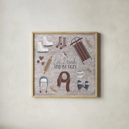 Cozy Winter II by Laura Marshall. Shown in a natural wood glass frame for a timeless modern aesthetic. Available as an archival giclee rolled canvas, fine art paper, or poster print. SKU 30699a.