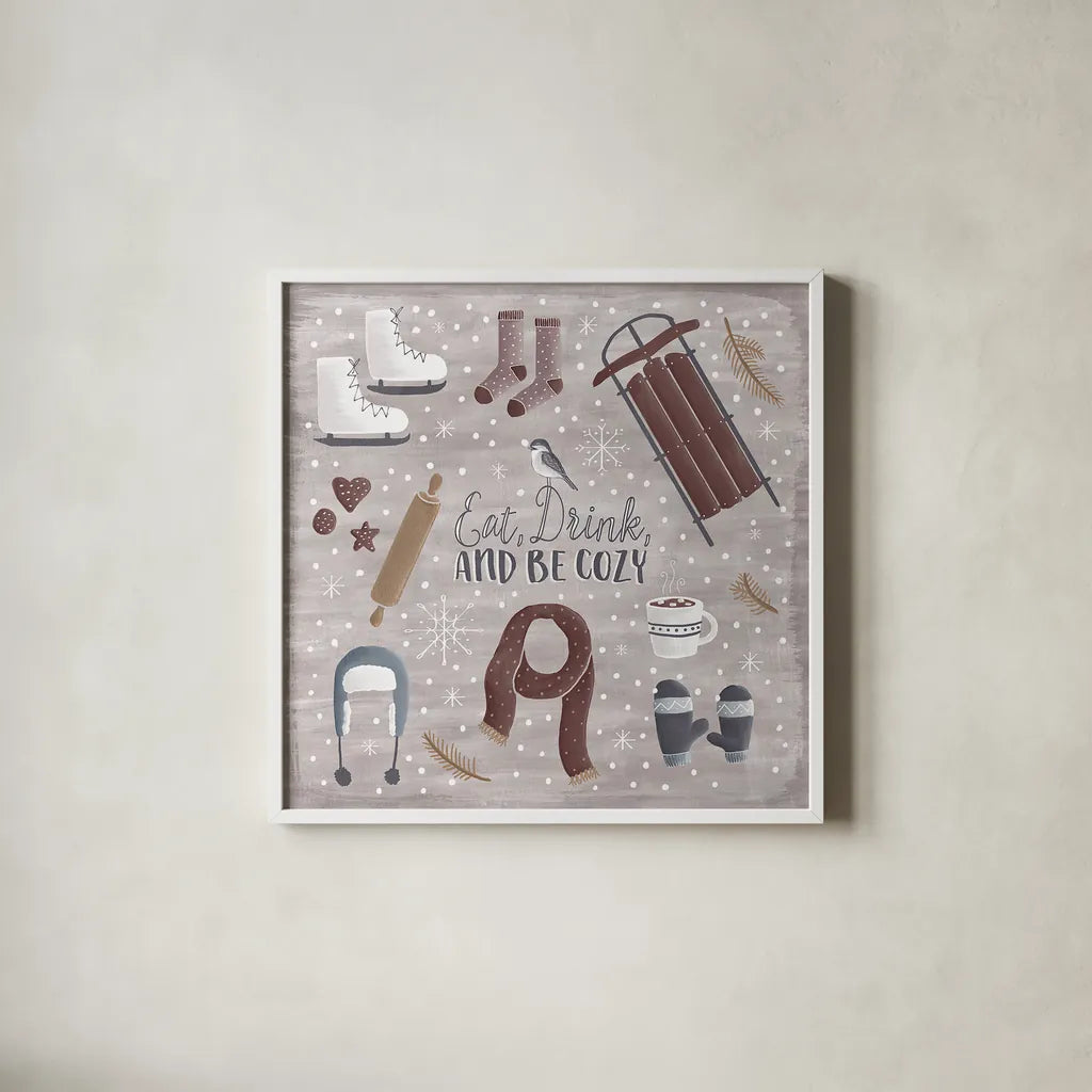 Cozy Winter II by Laura Marshall. Shown in a crisp white glass frame for a clean and minimalist style. Available as an archival giclee rolled canvas, fine art paper, or poster print. SKU 30699a.