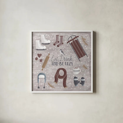 Cozy Winter II by Laura Marshall. Shown in a crisp white glass frame for a clean and minimalist style. Available as an archival giclee rolled canvas, fine art paper, or poster print. SKU 30699a.