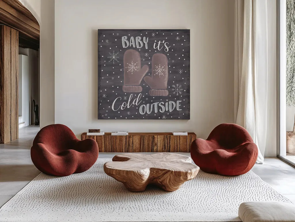 Cozy Winter IV by Laura Marshall. Shown as extra-large giant wall art in a modern living room. Available as an archival giclee rolled canvas, fine art paper, or poster print. SKU 30701a.