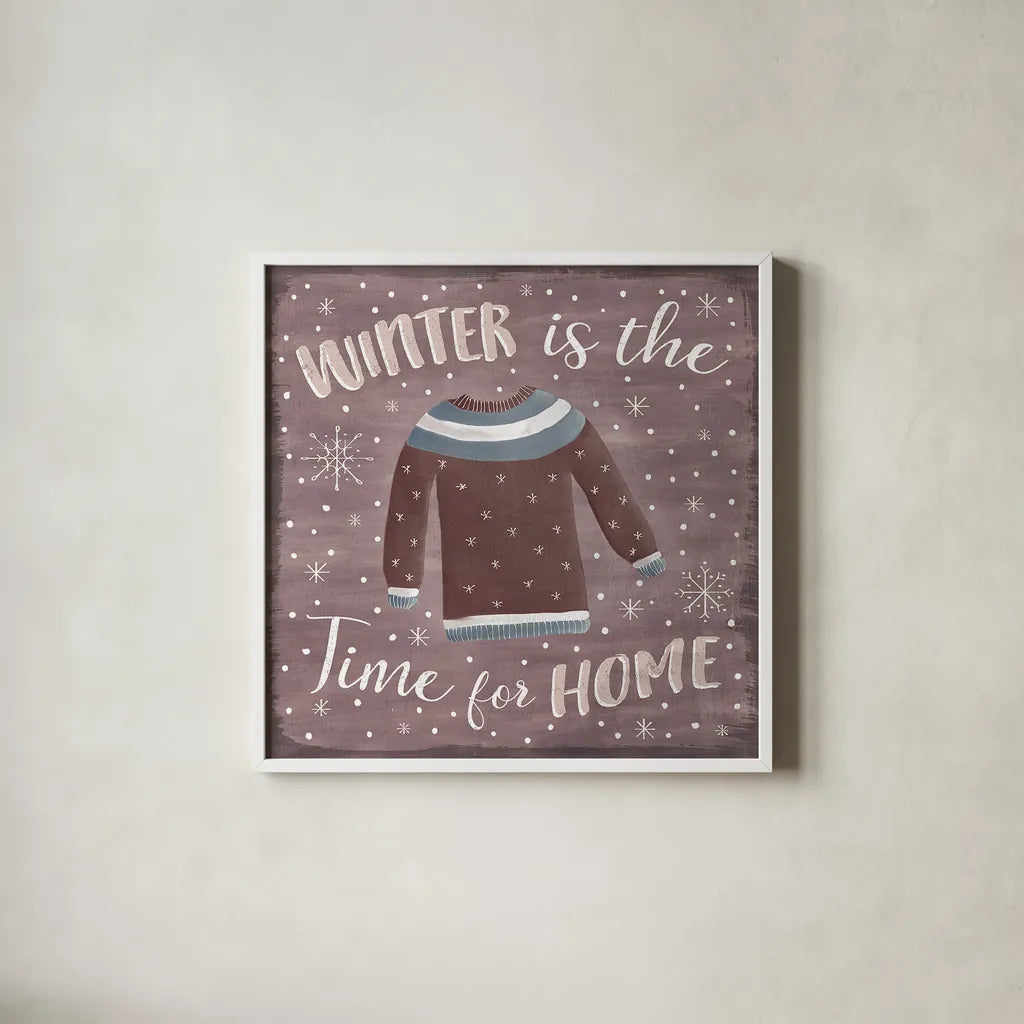 Cozy Winter V by Laura Marshall. Shown in a crisp white glass frame for a clean and minimalist style. Available as an archival giclee rolled canvas, fine art paper, or poster print. SKU 30702a.