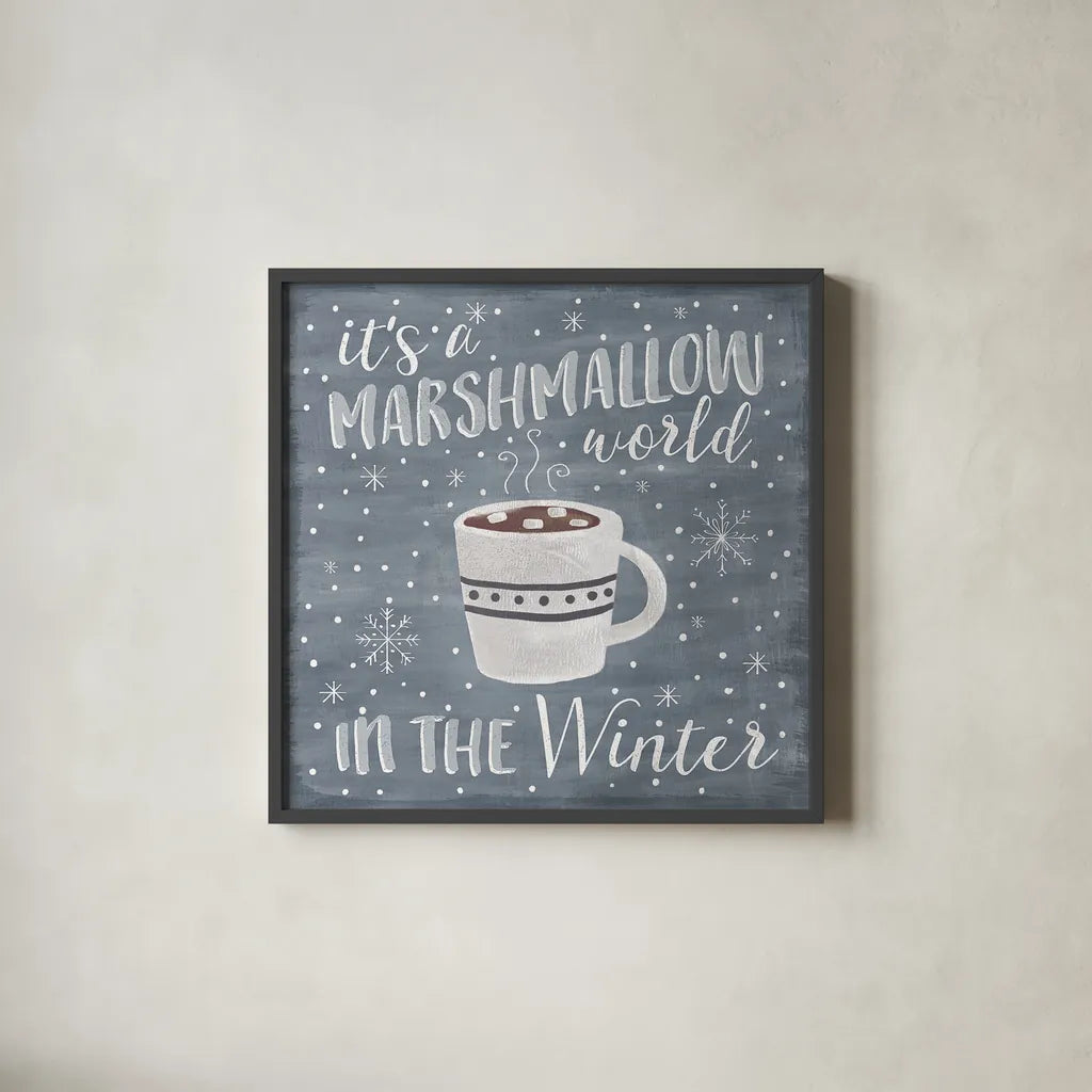 Cozy Winter VII by Laura Marshall. Shown in a sleek black glass frame for a contemporary gallery look. Available as an archival giclee rolled canvas, fine art paper, or poster print. SKU 30704a.