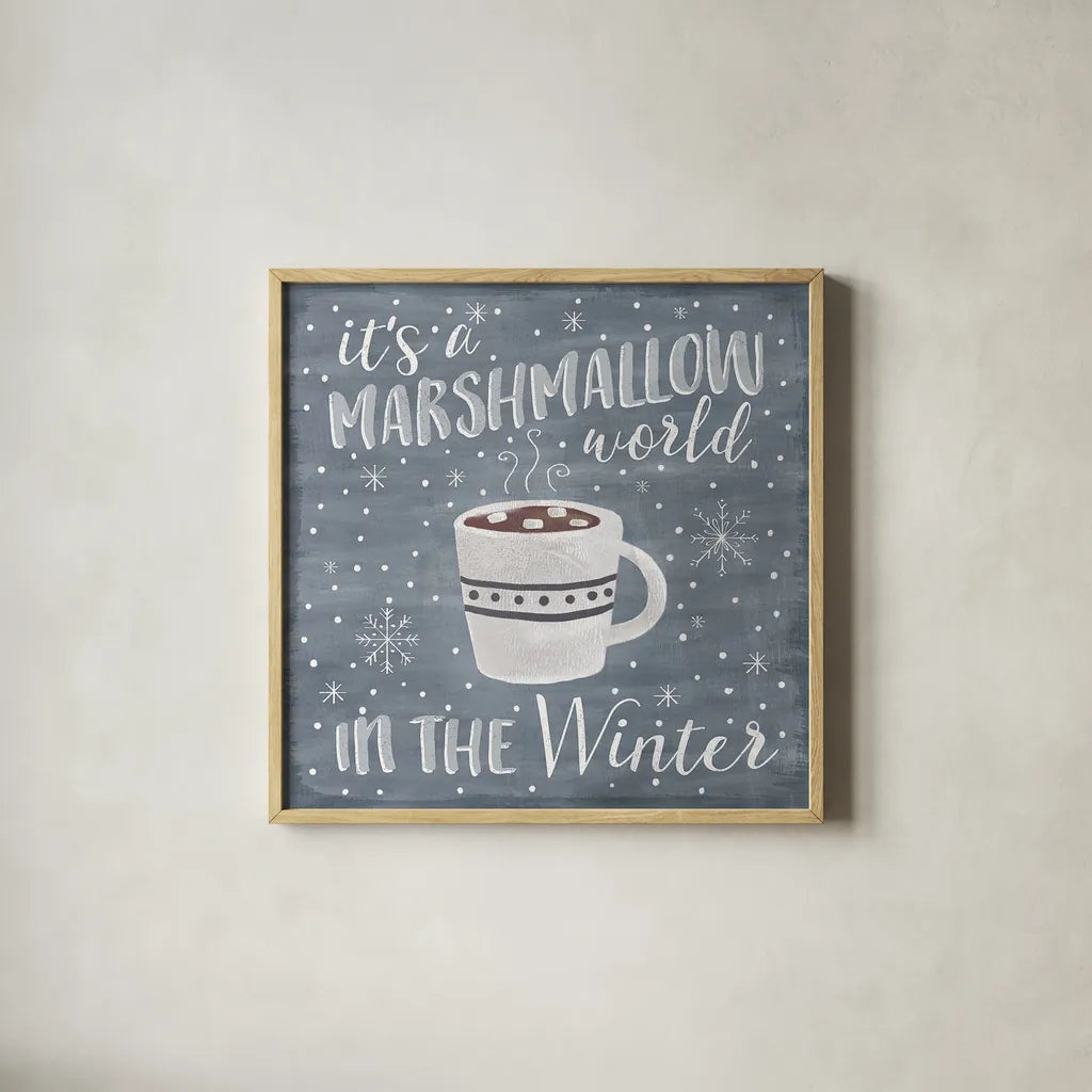 Cozy Winter VII by Laura Marshall. Shown in a natural wood glass frame for a timeless modern aesthetic. Available as an archival giclee rolled canvas, fine art paper, or poster print. SKU 30704a.