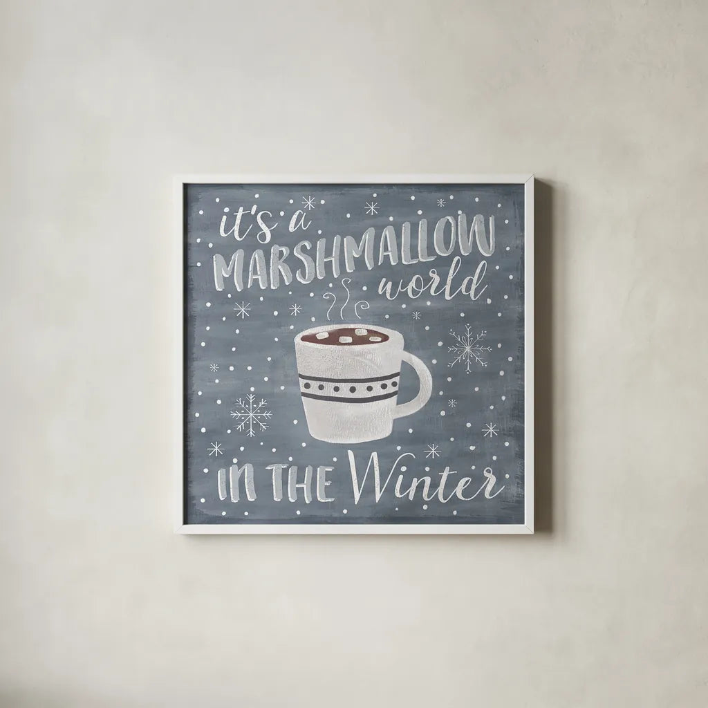 Cozy Winter VII by Laura Marshall. Shown in a crisp white glass frame for a clean and minimalist style. Available as an archival giclee rolled canvas, fine art paper, or poster print. SKU 30704a.