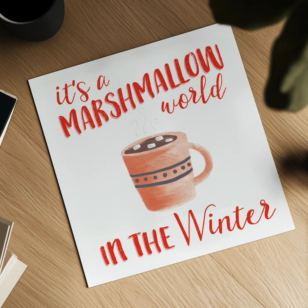 Cozy Winter VII Red by Laura Marshall. Shown as a detailed flat fine art print, highlighting archival giclee quality. Available as an archival giclee rolled canvas, fine art paper, or poster print. SKU 75727a.