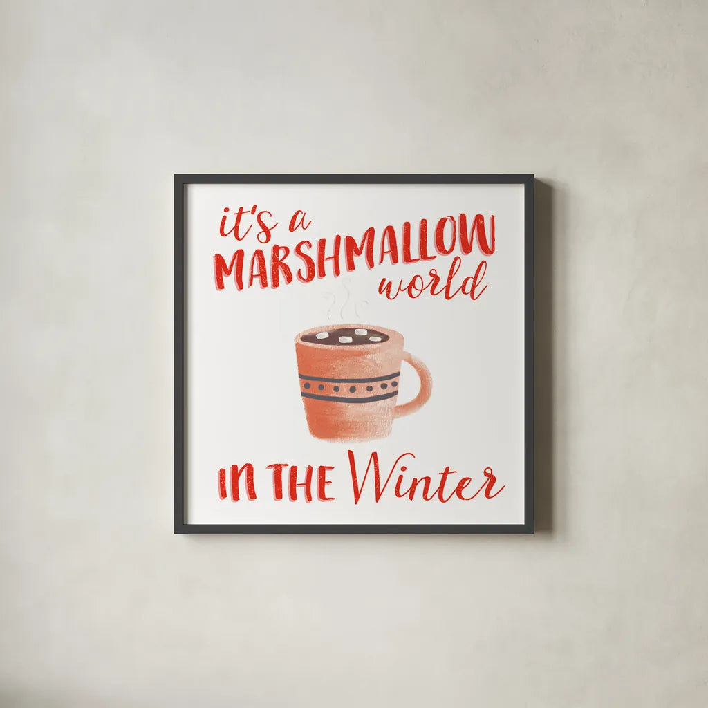 Cozy Winter VII Red by Laura Marshall. Shown in a sleek black glass frame for a contemporary gallery look. Available as an archival giclee rolled canvas, fine art paper, or poster print. SKU 75727a.