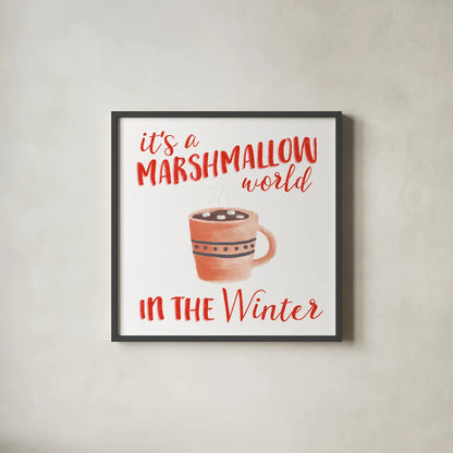 Cozy Winter VII Red by Laura Marshall. Shown in a sleek black glass frame for a contemporary gallery look. Available as an archival giclee rolled canvas, fine art paper, or poster print. SKU 75727a.