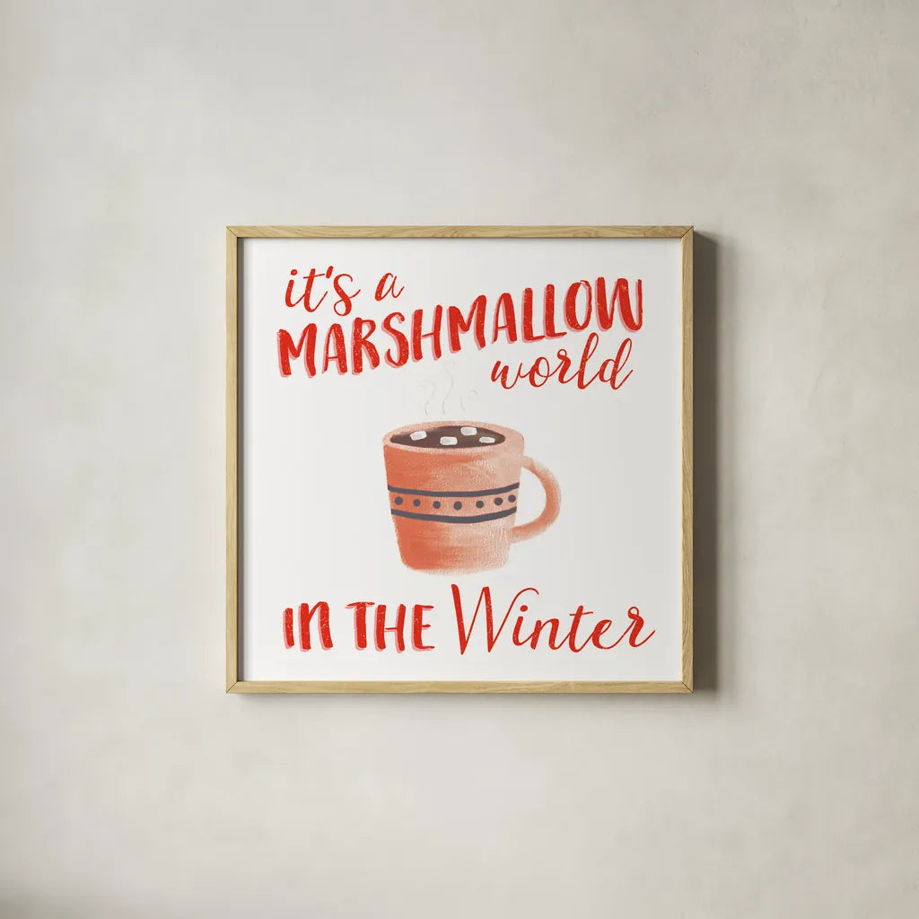 Cozy Winter VII Red by Laura Marshall. Shown in a natural wood glass frame for a timeless modern aesthetic. Available as an archival giclee rolled canvas, fine art paper, or poster print. SKU 75727a.