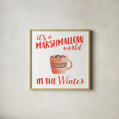 Cozy Winter VII Red by Laura Marshall. Shown in a natural wood glass frame for a timeless modern aesthetic. Available as an archival giclee rolled canvas, fine art paper, or poster print. SKU 75727a.