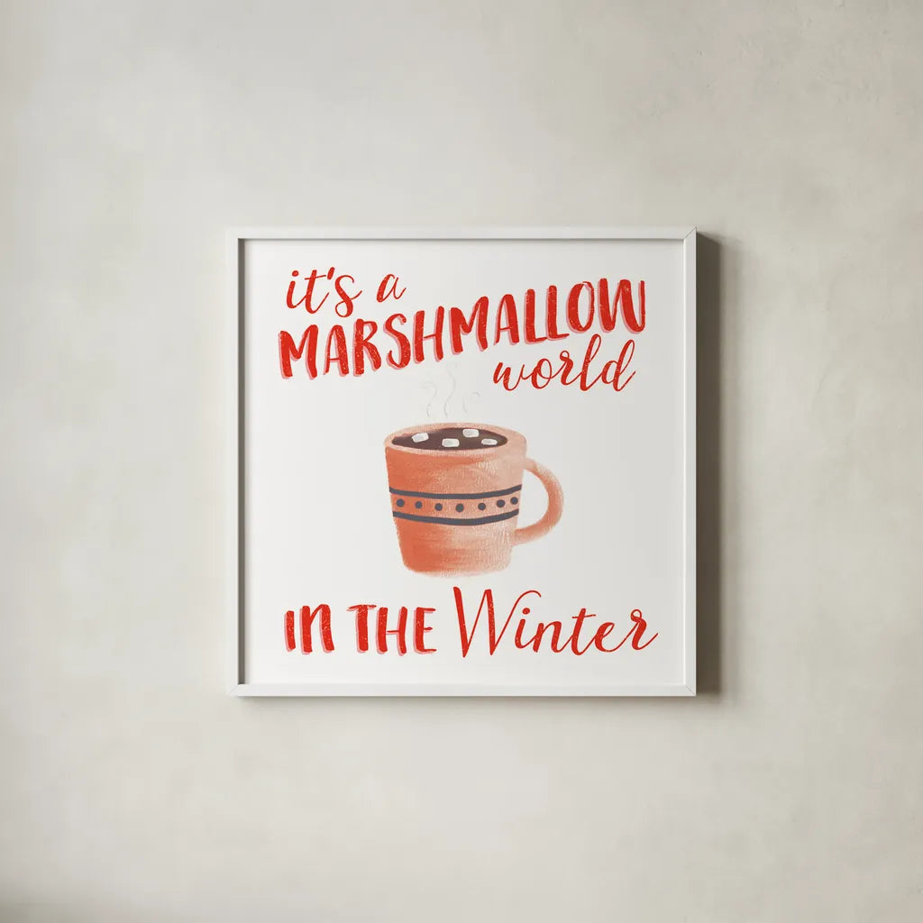 Cozy Winter VII Red by Laura Marshall. Shown in a crisp white glass frame for a clean and minimalist style. Available as an archival giclee rolled canvas, fine art paper, or poster print. SKU 75727a.