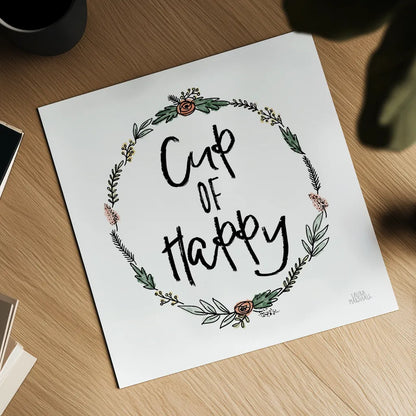 Cup of Happy by Laura Marshall. Shown as a detailed flat fine art print, highlighting archival giclee quality. Available as an archival giclee rolled canvas, fine art paper, or poster print. SKU 55537a.