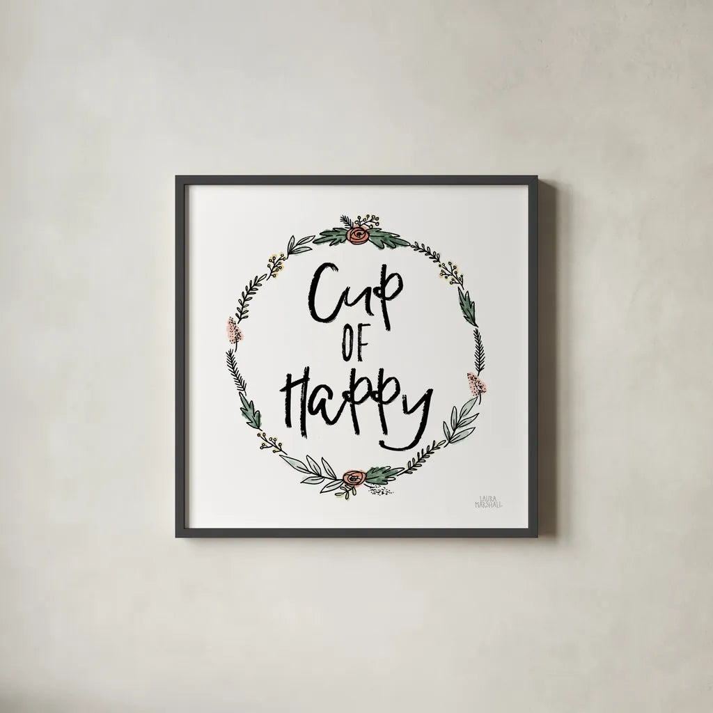 Cup of Happy by Laura Marshall. Shown in a sleek black glass frame for a contemporary gallery look. Available as an archival giclee rolled canvas, fine art paper, or poster print. SKU 55537a.