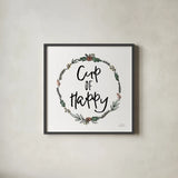 Cup of Happy by Laura Marshall. Shown in a sleek black glass frame for a contemporary gallery look. Available as an archival giclee rolled canvas, fine art paper, or poster print. SKU 55537a.