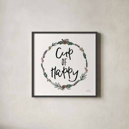 Cup of Happy by Laura Marshall. Shown in a sleek black glass frame for a contemporary gallery look. Available as an archival giclee rolled canvas, fine art paper, or poster print. SKU 55537a.