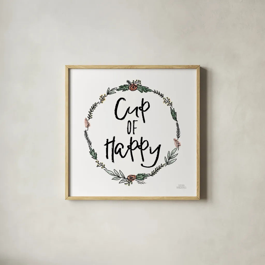 Cup of Happy by Laura Marshall. Shown in a natural wood glass frame for a timeless modern aesthetic. Available as an archival giclee rolled canvas, fine art paper, or poster print. SKU 55537a.