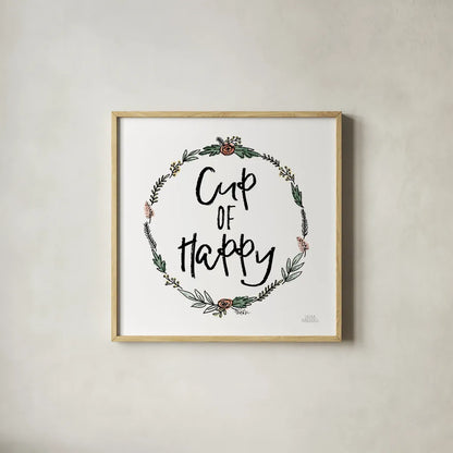 Cup of Happy by Laura Marshall. Shown in a natural wood glass frame for a timeless modern aesthetic. Available as an archival giclee rolled canvas, fine art paper, or poster print. SKU 55537a.