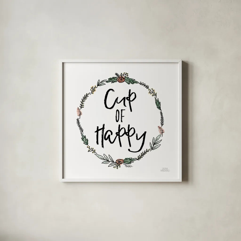 Cup of Happy by Laura Marshall. Shown in a crisp white glass frame for a clean and minimalist style. Available as an archival giclee rolled canvas, fine art paper, or poster print. SKU 55537a.