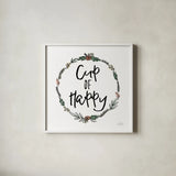 Cup of Happy by Laura Marshall. Shown in a crisp white glass frame for a clean and minimalist style. Available as an archival giclee rolled canvas, fine art paper, or poster print. SKU 55537a.