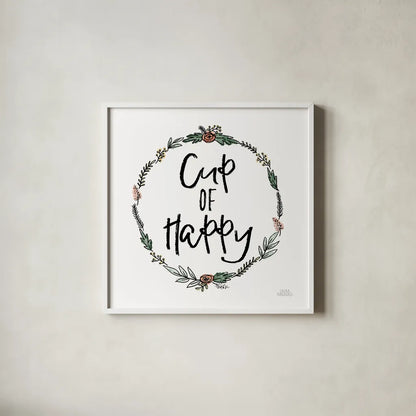 Cup of Happy by Laura Marshall. Shown in a crisp white glass frame for a clean and minimalist style. Available as an archival giclee rolled canvas, fine art paper, or poster print. SKU 55537a.