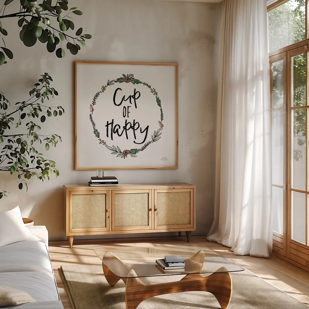 Cup of Happy by Laura Marshall. Shown in a natural wood frame in a cozy modern living room. Available as an archival giclee rolled canvas, fine art paper, or poster print. SKU 55537a.