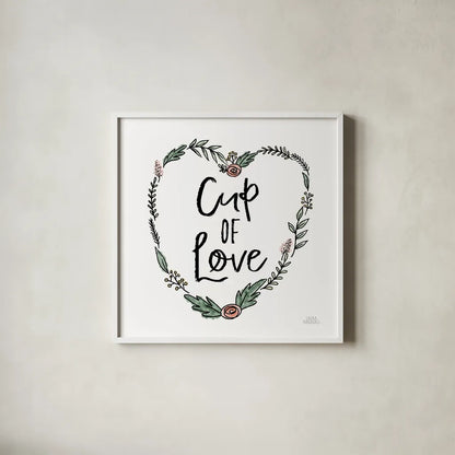 Cup of Love by Laura Marshall. Shown in a crisp white glass frame for a clean and minimalist style. Available as an archival giclee rolled canvas, fine art paper, or poster print. SKU 55538a.