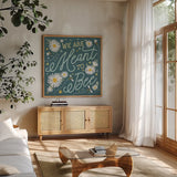 Daisy Garden III by Laura Marshall. Shown in a natural wood frame in a cozy modern living room. Available as an archival giclee rolled canvas, fine art paper, or poster print. SKU 80455a.