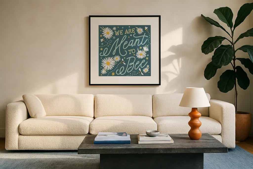 Daisy Garden III by Laura Marshall. Displayed in a glass frame with matte in a clean modern living room. Available as an archival giclee rolled canvas, fine art paper, or poster print. SKU 80455a.