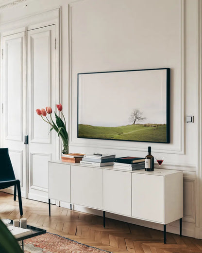 Dales Way I by Laura Marshall. shown as a framed stretched canvas in a living room above a console. Available as a archival giclee rolled canvas, fine art paper, or poster print. SKU 63263i.