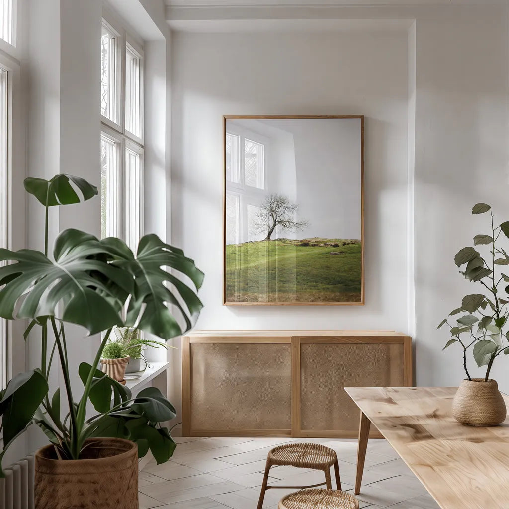 Dales Way II by Laura Marshall. shown as a print in a natural wood frame in a dining room. Available as a archival giclee rolled canvas, fine art paper, or poster print. SKU 63264h.