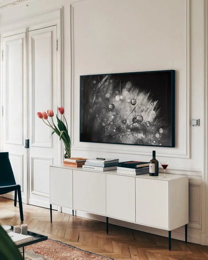 Dandelion Abstract I by Laura Marshall. shown as a framed stretched canvas in a living room above a console. Available as a archival giclee rolled canvas, fine art paper, or poster print. SKU 55008i.
