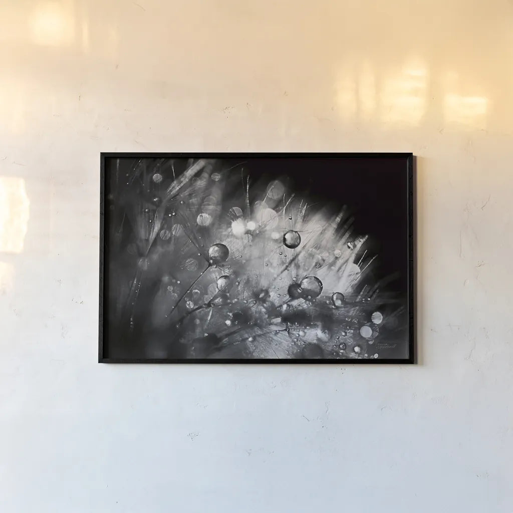 Dandelion Abstract I by Laura Marshall. shown as a paper print in a black flame. Available as a archival giclee rolled canvas, fine art paper, or poster print. SKU 55008i.