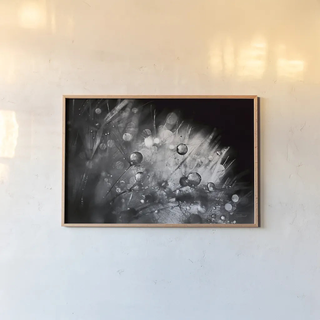 Dandelion Abstract I by Laura Marshall. shown as a paper print in a natural frame. Available as a archival giclee rolled canvas, fine art paper, or poster print. SKU 55008i.
