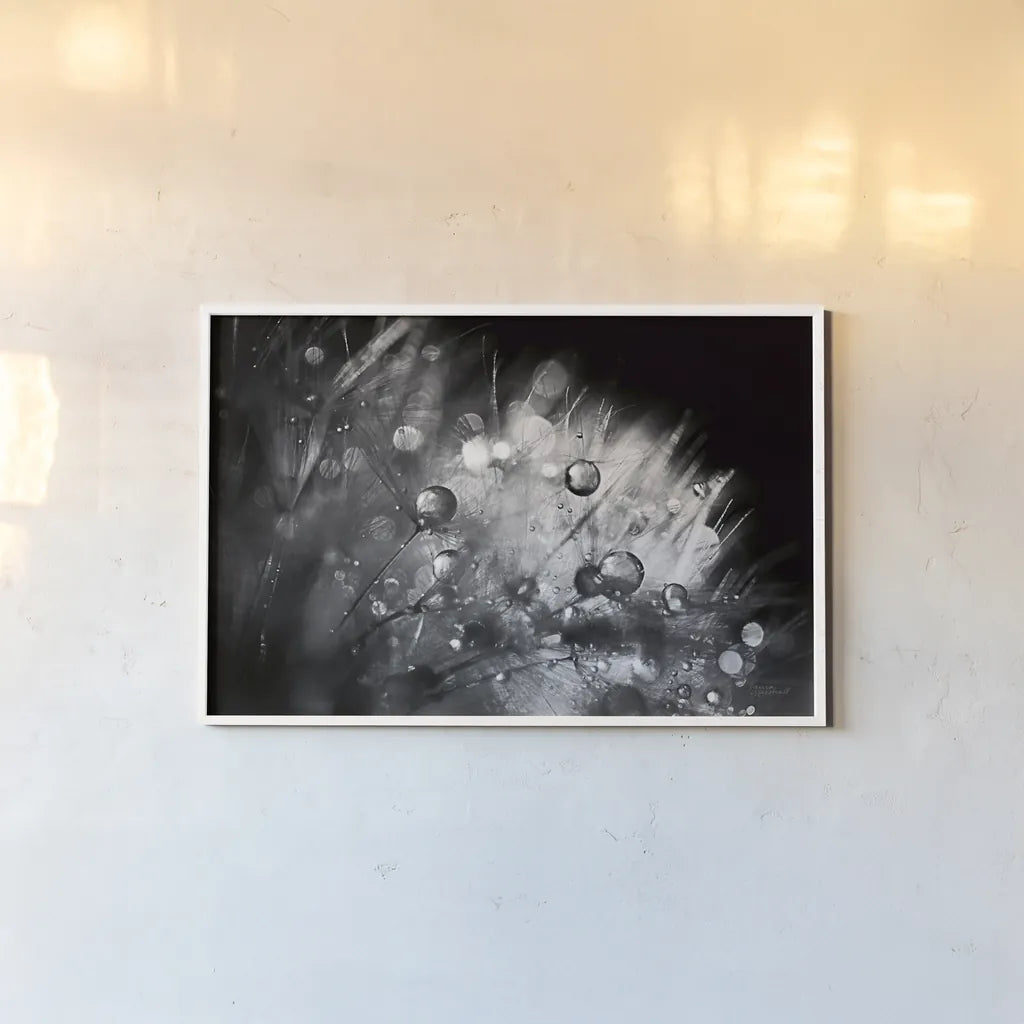 Dandelion Abstract I by Laura Marshall. shown as a paper print in a white frame. Available as a archival giclee rolled canvas, fine art paper, or poster print. SKU 55008i.