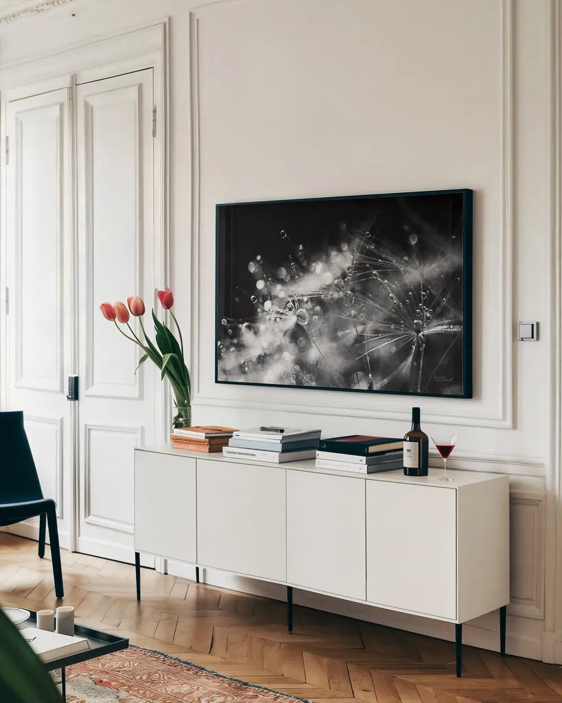 Dandelion Abstract II by Laura Marshall. shown as a framed stretched canvas in a living room above a console. Available as a archival giclee rolled canvas, fine art paper, or poster print. SKU 55009i.