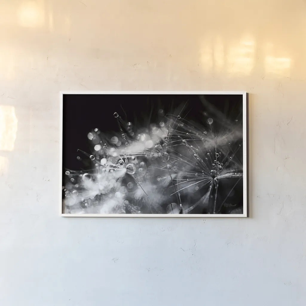 Dandelion Abstract II by Laura Marshall. shown as a paper print in a white frame. Available as a archival giclee rolled canvas, fine art paper, or poster print. SKU 55009i.