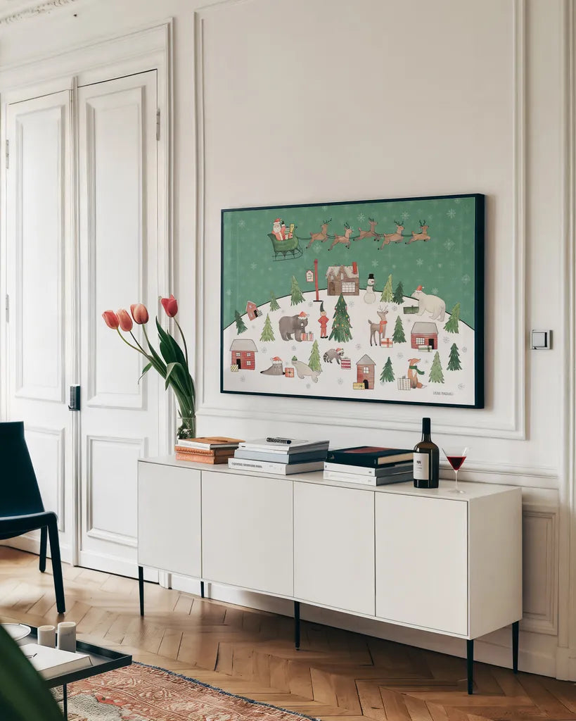 December 25th I by Laura Marshall. shown as a framed stretched canvas in a living room above a console. Available as a archival giclee rolled canvas, fine art paper, or poster print. SKU 52121i.