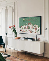 December 25th I by Laura Marshall. shown as a framed stretched canvas in a living room above a console. Available as a archival giclee rolled canvas, fine art paper, or poster print. SKU 52121i.