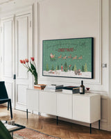 December 25th II by Laura Marshall. shown as a framed stretched canvas in a living room above a console. Available as a archival giclee rolled canvas, fine art paper, or poster print. SKU 52122i.