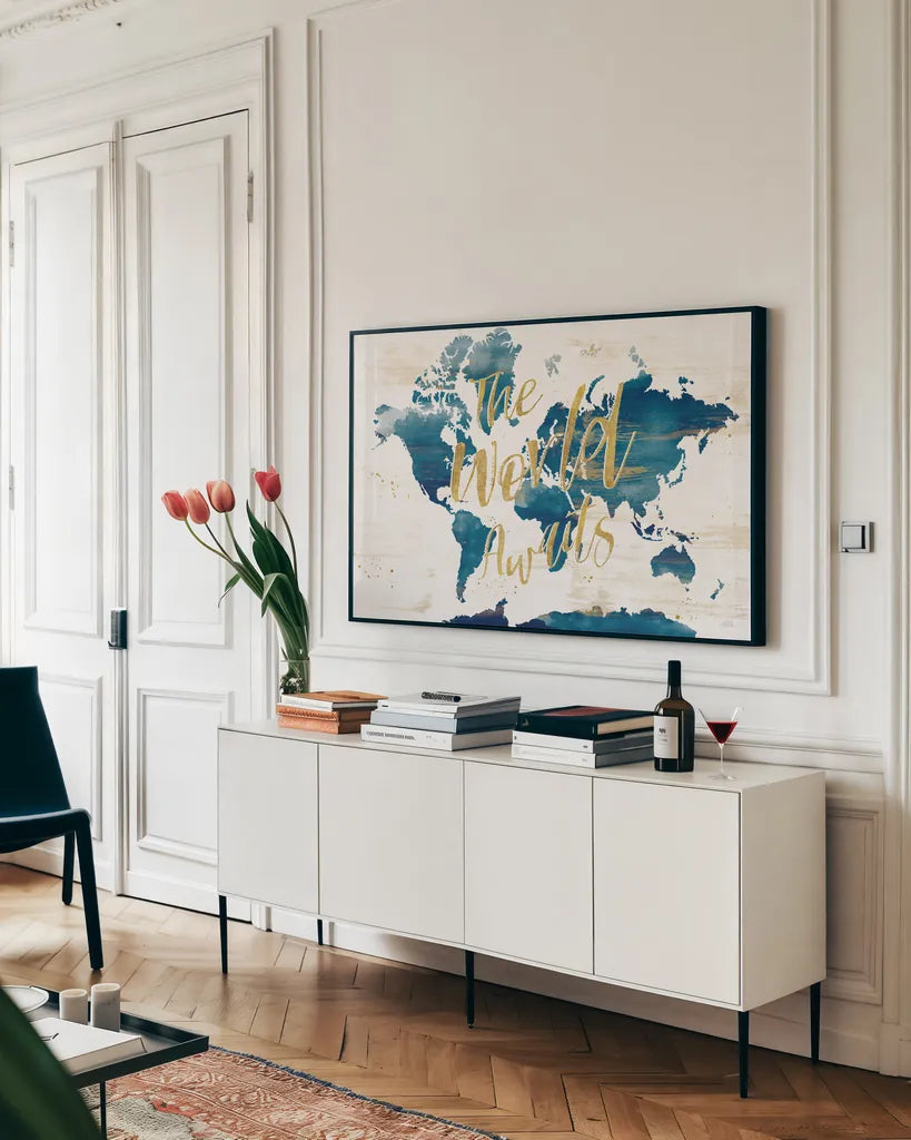 Desert Blooms Abstact Map The World by Laura Marshall. shown as a framed stretched canvas in a living room above a console. Available as a archival giclee rolled canvas, fine art paper, or poster print. SKU 68566i.