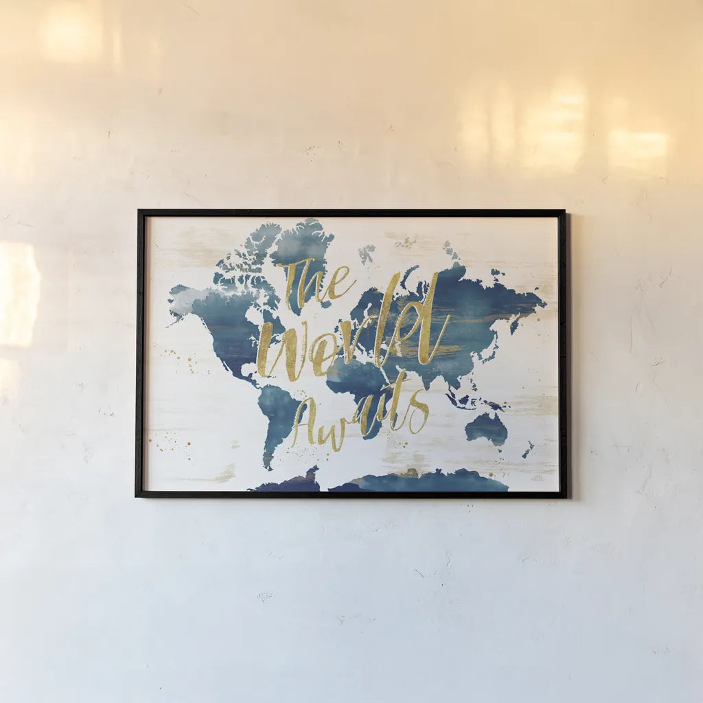 Desert Blooms Abstact Map The World by Laura Marshall. shown as a paper print in a black flame. Available as a archival giclee rolled canvas, fine art paper, or poster print. SKU 68566i.