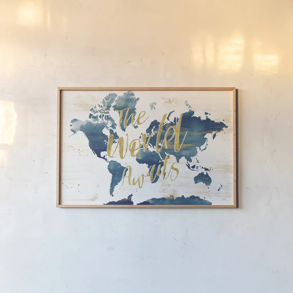 Desert Blooms Abstact Map The World by Laura Marshall. shown as a paper print in a natural frame. Available as a archival giclee rolled canvas, fine art paper, or poster print. SKU 68566i.