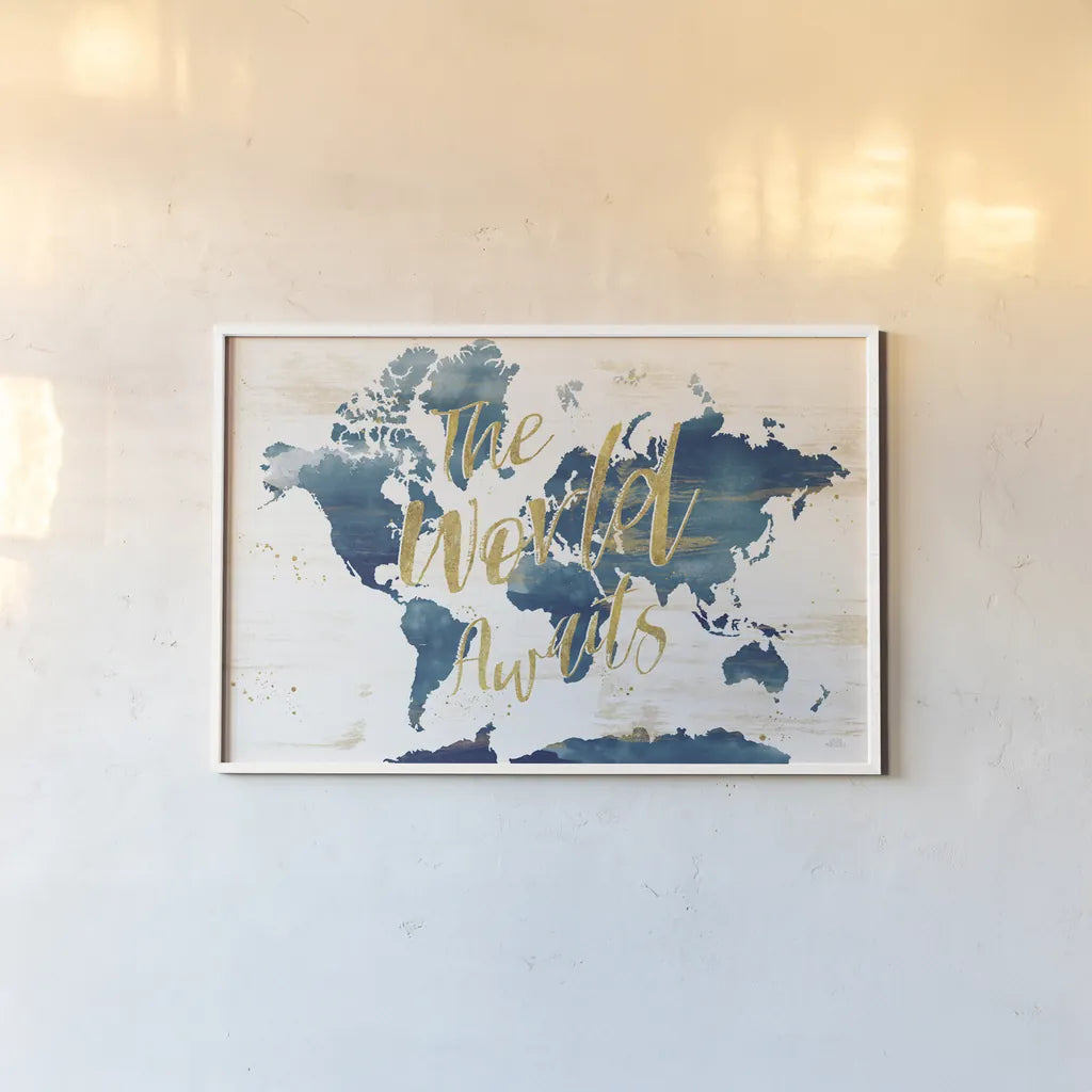 Desert Blooms Abstact Map The World by Laura Marshall. shown as a paper print in a white frame. Available as a archival giclee rolled canvas, fine art paper, or poster print. SKU 68566i.